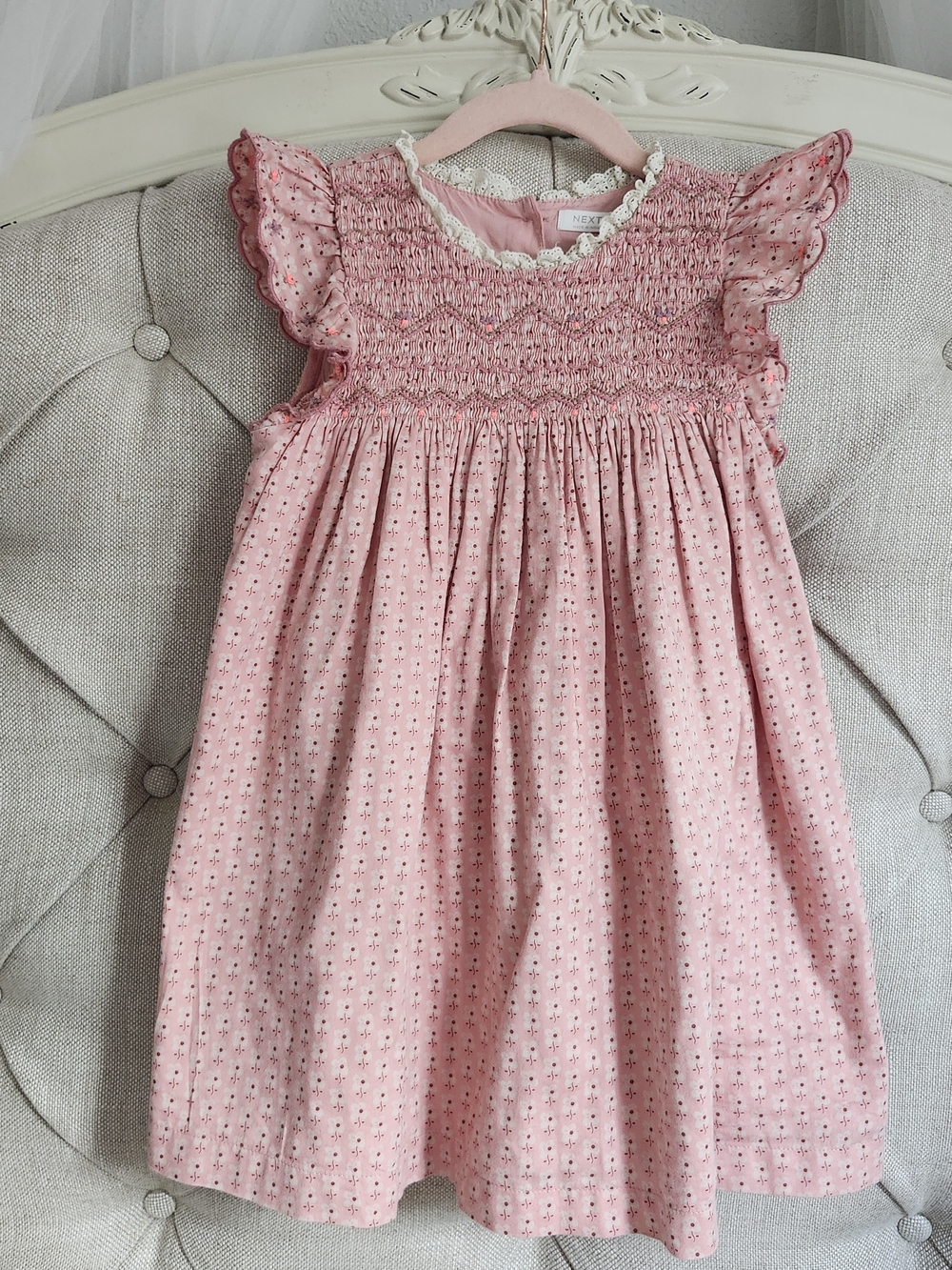 Next Pink Smocked Flutter-Sleeve Floral Dress